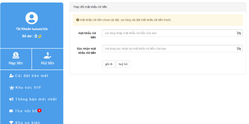 Tạo mật khẩu rút tiền